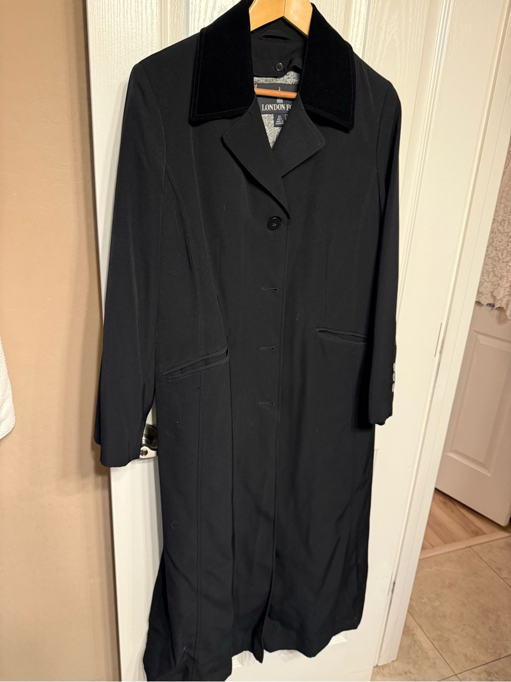London Fog Black Velvet-Collar Long Trench Coat